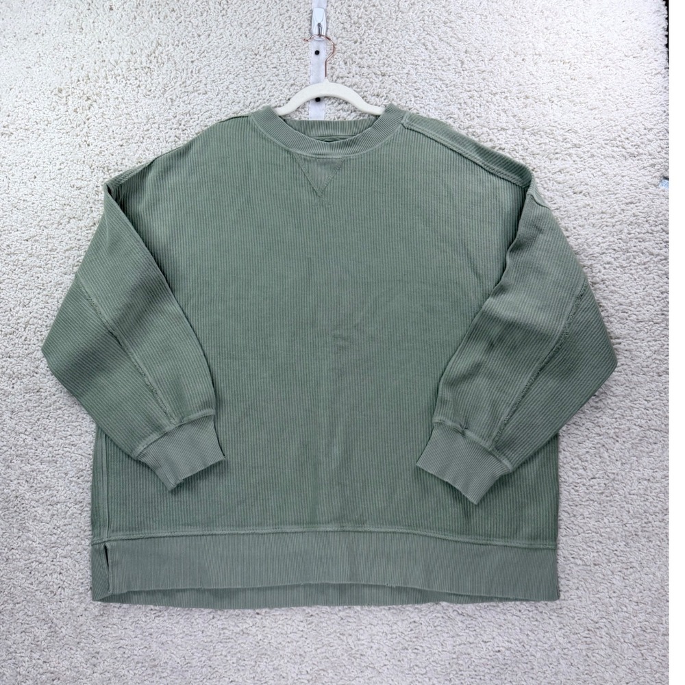 Womens L Aerie Sweatshirt Cotton Green Oversized Frayed Hem Boho Pullover Top